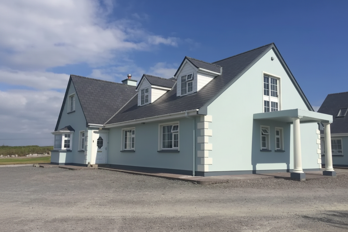 A large pale blue cottage-style house with a dark gray slate roof, white trim, multiple dormer windows, and a covered porch with columns, set on a gravel surface under a blue sky with clouds.